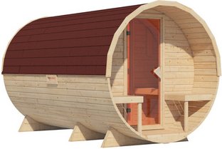 KARIBU Fasssauna »Lauvas 3«, 224x389x229 cm, mit Schindeln - braun