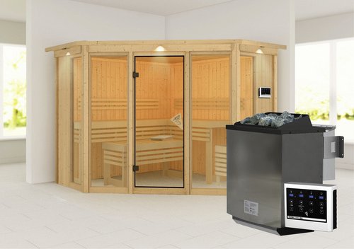 KARIBU Sauna »Ehmja 2«, BxHxT:245 x 202 x 245 cm, mit Dachkranz - beige