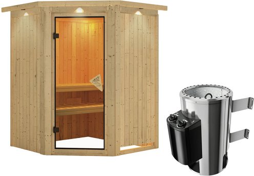 KARIBU Sauna »Wolmar«, inkl. 3.6 kW Saunaofen mit integrierter Steuerung, für 3 Personen - beige