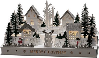 Konstsmide LED-Dekoration, Holzsilhouette Dorf, Stecker/Batteriebetrieb, weiß - weiss