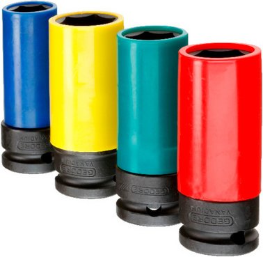 GEDORE Steckschlüsseleinsatz, Kraftschrauber-Satz 1/2" mit Schutzhülse 4-teilig - blau | gelb | gruen | rot