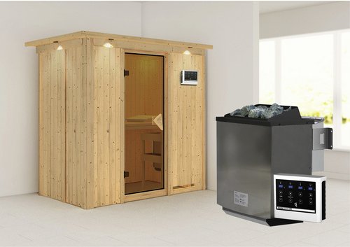 KARIBU Sauna »Pärnu«, inkl. 9 kW Bio-Kombi-Saunaofen mit externer Steuerung, für 2 Personen - beige