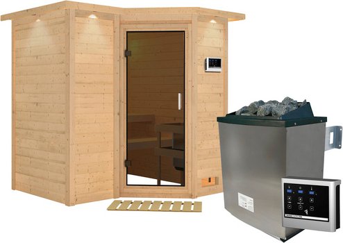KARIBU Sauna »Riga 1«, inkl. 9 kW Saunaofen mit externer Steuerung, für 3 Personen - beige