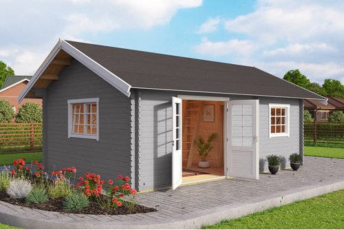 LASITA MAJA Blockbohlenhaus »Caroline«, BxHxT: 675 x 330,6 x 489,9 cm (Außenmaß inkl. Dachüberstand), grau