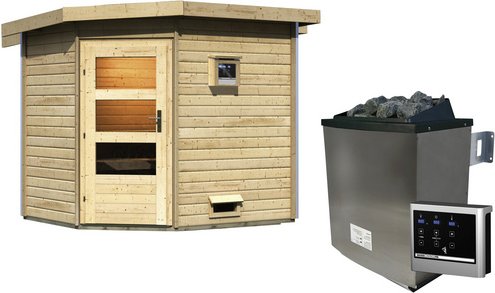KARIBU Saunahaus »Kreslau«, BxTxH: 231 x 196 x 226 cm, 9 kW Ofen mit ext. Steuerung - beige