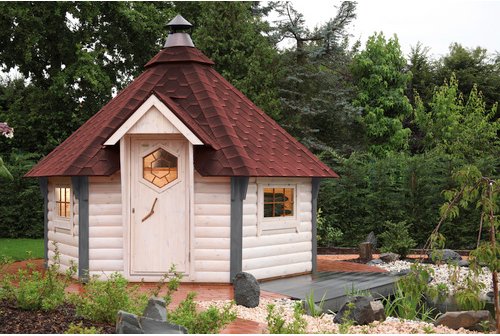 WOLFF FINNHAUS Gartenhaus »Grillkota de luxe«, Holz, BxHxT: 438 x 364 x 330 cm (Außenmaße inkl. Dachüberstand) - beige