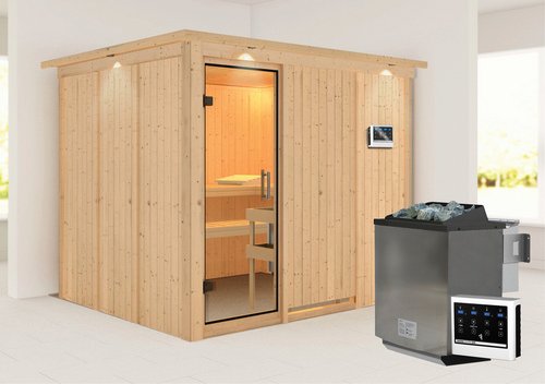 KARIBU Sauna »Jöhvi«, inkl. 9 kW Bio-Kombi-Saunaofen mit externer Steuerung, für 4 Personen - beige