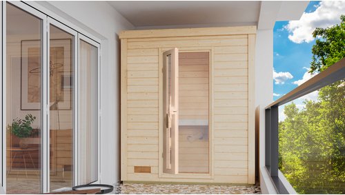 KARIBU Saunahaus »Suurlaht«, BxTxH: 196 x 113 x 228 cm, 9 kW Ofen mit interne Steuerung , für 1 Person - beige