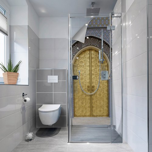 Thumbnail - mySPOTTI Duschrückwand-Panel, fresh, Tür | Metalloptik, 255x100 cm - blau