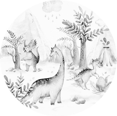 K&L Wall Art Vliestapete »Runde Vliestapete«, Kvilis Welt der Dinos schwarzweiß, mehrfarbig, matt - bunt