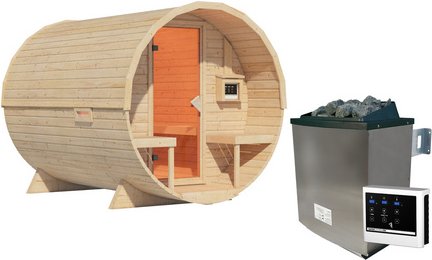 KARIBU Fasssauna »Lauvas 2«, BxLxH: 224x299x229 cm, mit 9 kW Ofen, externe Steuerung - braun