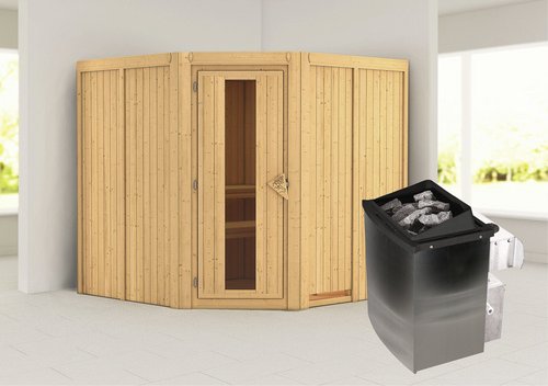 KARIBU Sauna »Vöru«, inkl. 9 kW Saunaofen mit integrierter Steuerung, für 4 Personen - beige