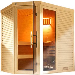 WEKA Massivholzsauna »CUBILIS ECK 1«, 4 Personen, inkl. 5,4 kW Ofen mit integrierter Steuerung - braun