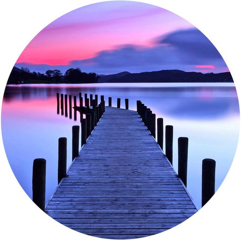 Thumbnail - K&L Wall Art Vliestapete »Runde Vliestapete«, Steg am See Lila Seepanorama, mehrfarbig, matt - bunt