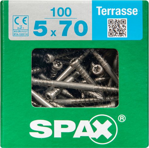 SPAX Terrassenschraube, T-STAR plus, T25, Edelstahl, 100 Stück, 5 x 70 mm - silberfarben
