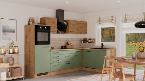Flex-Well Winkelküche »Cara«, mit E-Geräten, Gesamtbreite: 280 cm, Dekor: Schilfgrün matt / Artisan Eiche - gruen