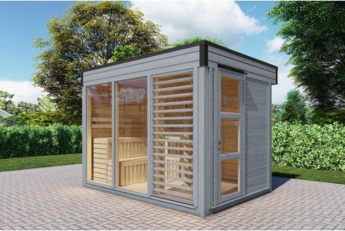 WOLFF FINNHAUS Saunahaus »Paradiso«, BxHxT: 329 x 261 x 229 cm (Außenmaß), Fichtenholz - grau