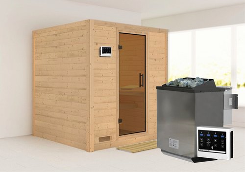 KARIBU Sauna »Sindi«, inkl. 9 kW Bio-Kombi-Saunaofen mit externer Steuerung, für 4 Personen - beige