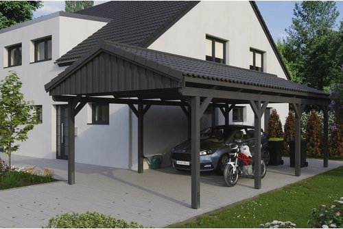 SKANHOLZ Carport »Fichtelberg«, BxT: 423 x 808 cm, Firsthöhe: 326 cm, lasiert - grau