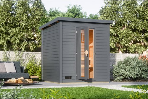 KARIBU Saunahaus »Suurlaht«, BxTxH: x 196 x 196 x 228 cm, 9 kW Ofen, für 4 Personen - braun