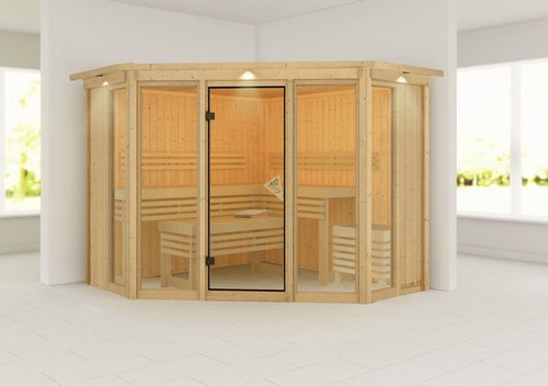 KARIBU Sauna »Ehmja 2«, BxHxT:245 x 202 x 245 cm, mit Dachkranz - beige