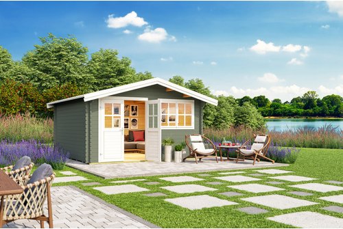 Mr. GARDENER Gartenhaus »Isar«, (BxT): 380x380 cm (Aufstellmaß), 34 mm Wandstärke, grüngrau/weiss - gruen