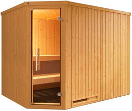 WEKA Ecksauna »VARBERG 4«, 4 Personen, inkl. 9 kW Ofen mit integrierter Steuerung - braun