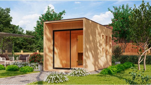 KARIBU Saunahaus »Marienburg«, BxTxH: 219,5 x 429 x 244 cm, 9 kW Ofen mit externe Steuerung , für 3 Personen - beige