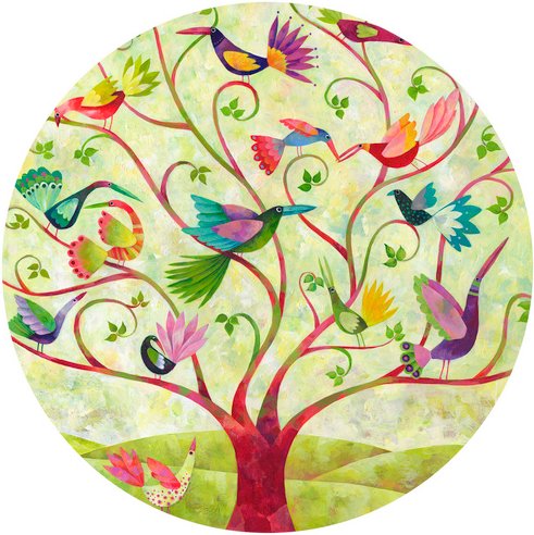 K&L Wall Art Vliestapete »Runde Vliestapete«, Blanz Märchen bunte Vögel, mehrfarbig, matt