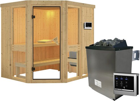 KARIBU Sauna »Pölva 1«, inkl. 9 kW Saunaofen mit externer Steuerung, für 3 Personen - beige