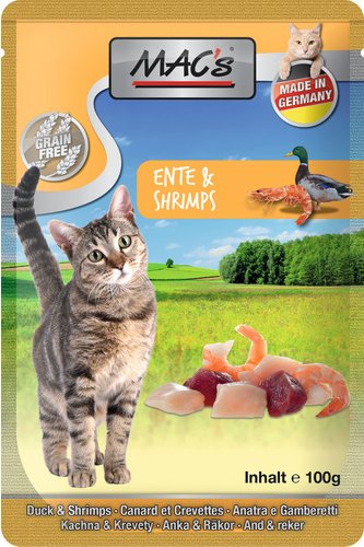 MAC'S Katzen-Nassfutter, Ente/Shrimps, 12 x 100 g