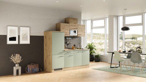 Flex-Well Küchenzeile »Cara«, mit E-Geräten, Gesamtbreite: 210 cm, Dekor: Schilfgrün matt / Artisan Eiche - gruen