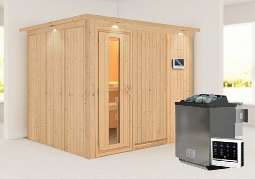 KARIBU Sauna »Jöhvi«, inkl. 9 kW Bio-Kombi-Saunaofen mit externer Steuerung, für 4 Personen - beige