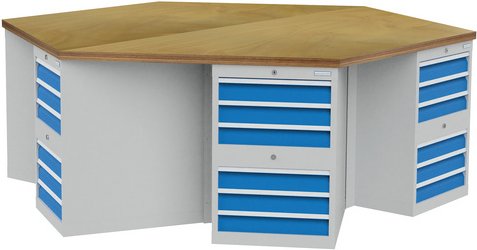 Bedrunka + Hirth 6-Eck-Werkbank, BxHxT: 250 x 85,9 x 216,5 cm, Gestell: Stahlblech - grau | blau