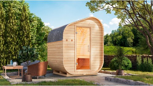 KARIBU Fasssauna »Asym Vagula«, BxHxT: 199 x 248,5 x 175 cm, naturbelassen - braun