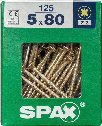 SPAX Universalschraube, PZ2, Stahl, 125 Stück, 5 x 80 mm - goldfarben