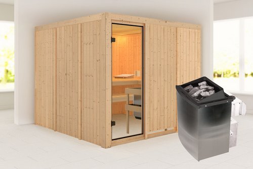 KARIBU Sauna »Laisholm«, BxTxH: 231 x 231 x 198 cm, 9 kW Ofen mit interne Steuerung, für 4 Personen - beige