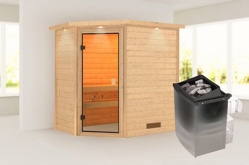 KARIBU Sauna »Ahja«, BxTxH: 224 x 159 x 191 cm, 9 kW Ofen mit interne Steuerung , für 2 Personen - beige