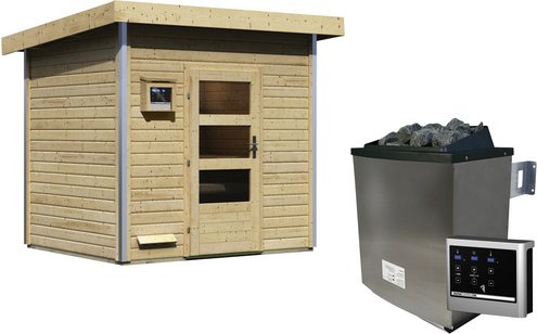 KARIBU Saunahaus »Segewold«, BxTxH: 231 x 196 x 238 cm, 9 kW Ofen mit ext. Steuerung - beige