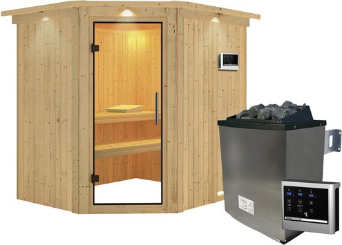 KARIBU Sauna »Maardu«, inkl. 9 kW Saunaofen mit externer Steuerung, für 3 Personen - beige