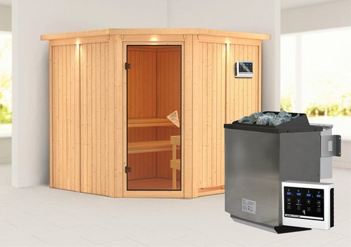 KARIBU Sauna »Vöru«, inkl. 9 kW Bio-Kombi-Saunaofen mit externer Steuerung, für 4 Personen - beige