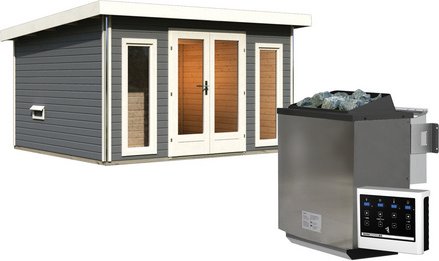 KARIBU Saunahaus »Kuusalu 2«, 369x309x229 cm, 9 kW Bio-Ofen - grau