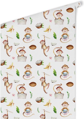 K&L Wall Art Vliestapete »Kinder Vliestapete«, Kokosnuss Affen Baby, mehrfarbig, matt - bunt