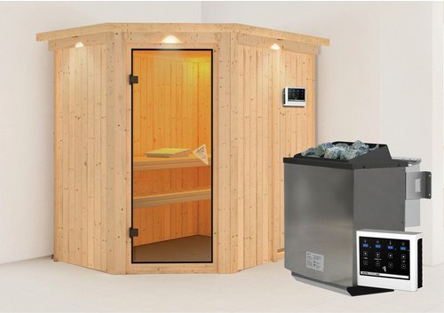 KARIBU Sauna »Vijandi«, inkl. 9 kW Bio-Kombi-Saunaofen mit externer Steuerung, für 3 Personen - beige