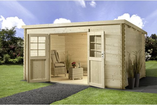 Mr. GARDENER Blockbohlenhaus »Malta 4«, Holz, BxHxT: 416 x 217 x 292 cm (Außenmaße inkl. Dachüberstand) - beige