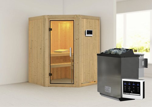 KARIBU Sauna »Tartu«, inkl. 9 kW Bio-Kombi-Saunaofen mit externer Steuerung, für 3 Personen - beige