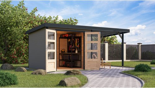 KARIBU Gartenhaus »Osterby 3,5 D«, BxHxT: 482 x 209 x 242 cm (Außenmaße inkl. Dachüberstand), Wandstärke 19 mm - grau
