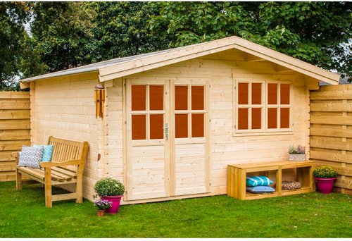 Mr. GARDENER Blockbohlenhaus »Isar«, BxT: 424 x 443 cm (Aufstellmaße), Satteldach,Wandstärke 28mm - beige