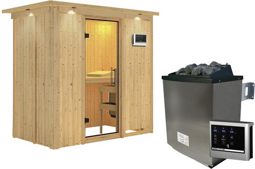 KARIBU Sauna »Pärnu«, inkl. 9 kW Saunaofen mit externer Steuerung, für 2 Personen - beige