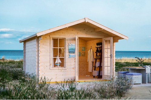 SKANHOLZ Gartenhaus »Langesund«, Holz, BxHxT: 380 x 264 x 250 cm (Außenmaße inkl. Dachüberstand) - beige